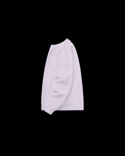 Relaxed Sweatshirt (Lavender) side view, featuring ribbed crew neck, cuffs, and hem.