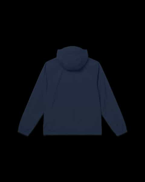 Multifunctional Jacket (French Navy) back view, featuring a hood, elastic cuffs, and hem.