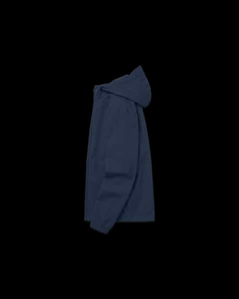Left side of a French Navy Multifunctional Jacket with a hood, full zipper, and elasticated cuffs and hem.