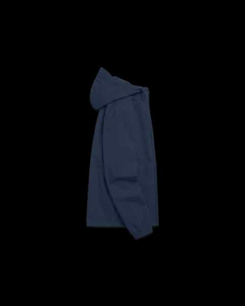 Right side view of a French Navy Multifunctional Jacket with a hood, full zipper, and elastic cuffs.