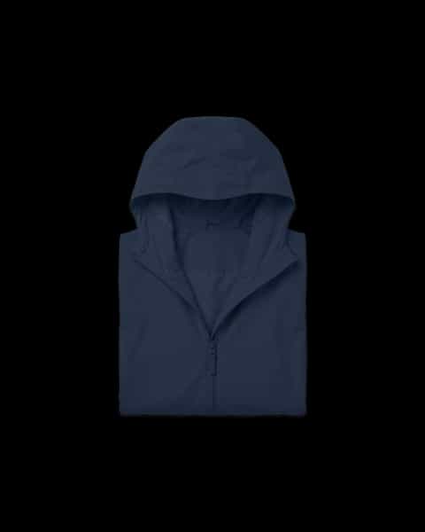 Multifunctional Jacket (French Navy), front view of hooded neck with partially unzipped zipper.