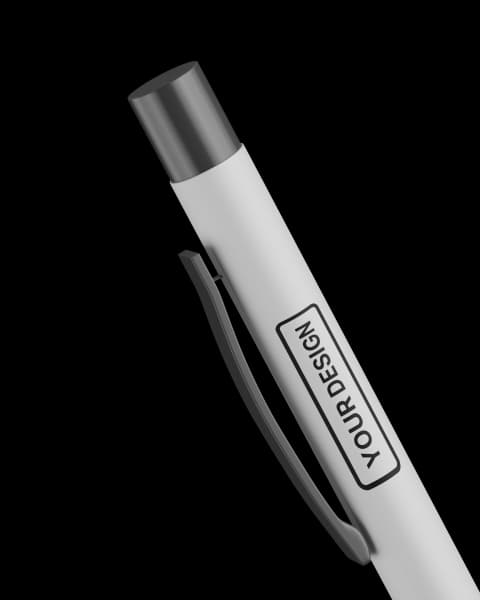 Angled close-up of the white Classic Pen – Black Ink (White) with dark gray cap, clip, and 'YOUR DESIGN' label.