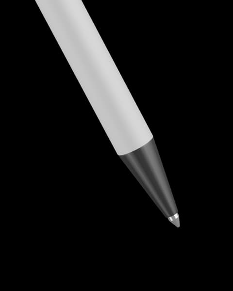 Classic Pen – Black Ink (White) close-up, writing a black line. Features a dark tip with a silver band.