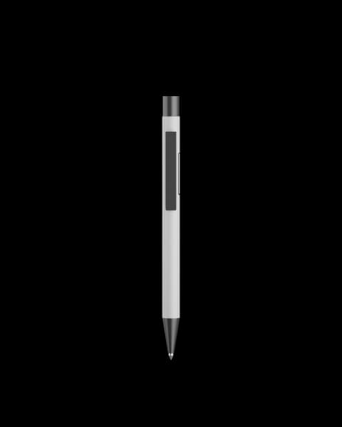 White Classic Pen with black ink, front view, showing dark grey clip and metallic tip.