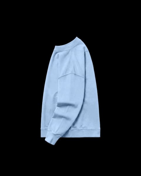 Lightweight Sweatshirt (Sky Blue) side view, with ribbed crew neck, shoulder seam detail, and ribbed cuffs.