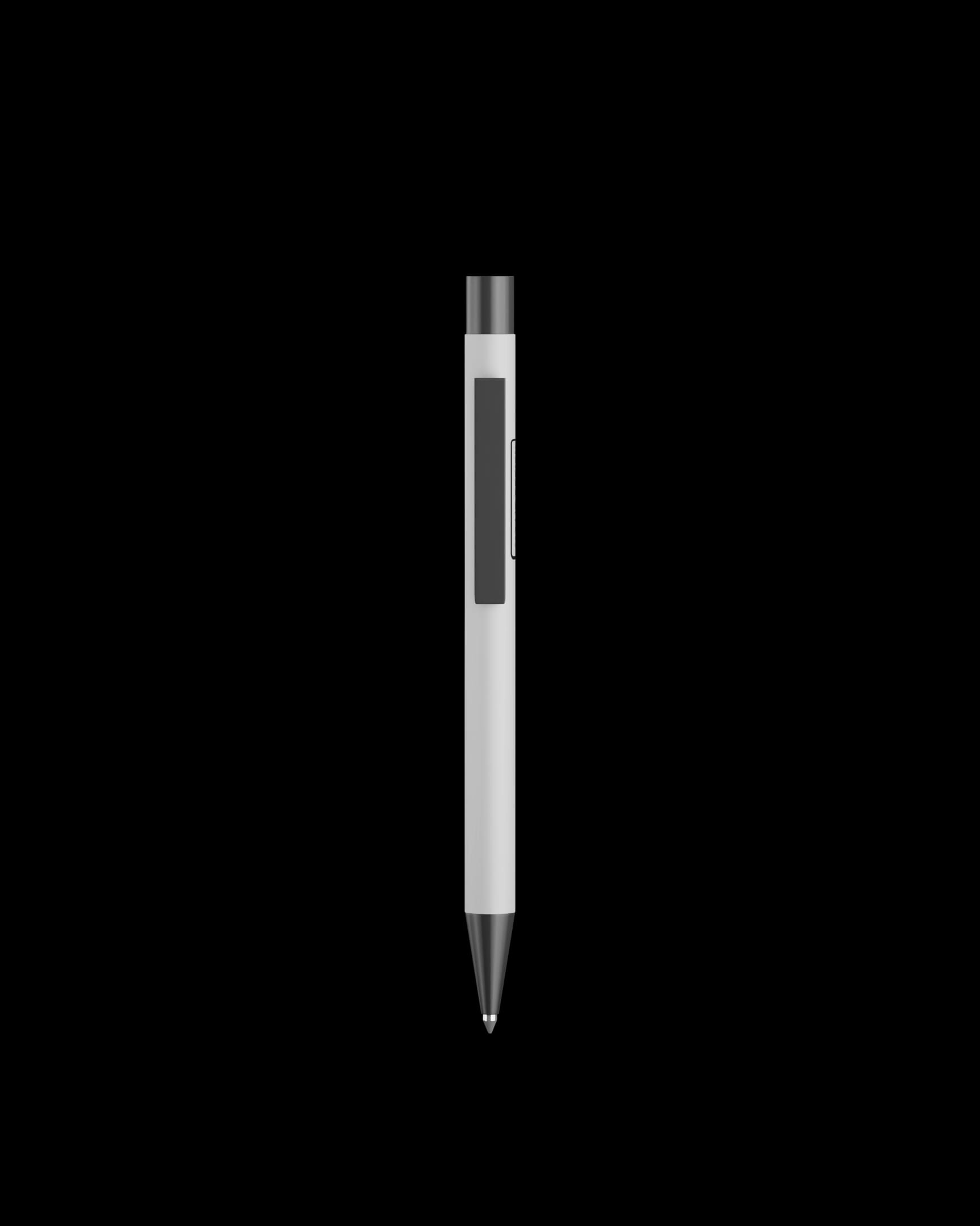 White Classic Pen with black ink, front view, showing dark grey clip and metallic tip.