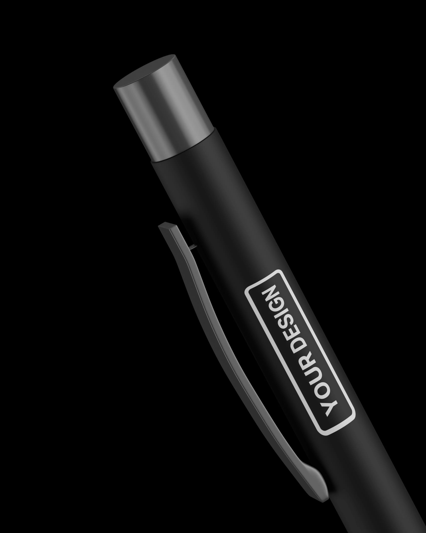 Angled close-up of Classic Pen – Blue Ink (Black) with matte black body, dark grey cap, clip, and "YOUR DESIGN" label.