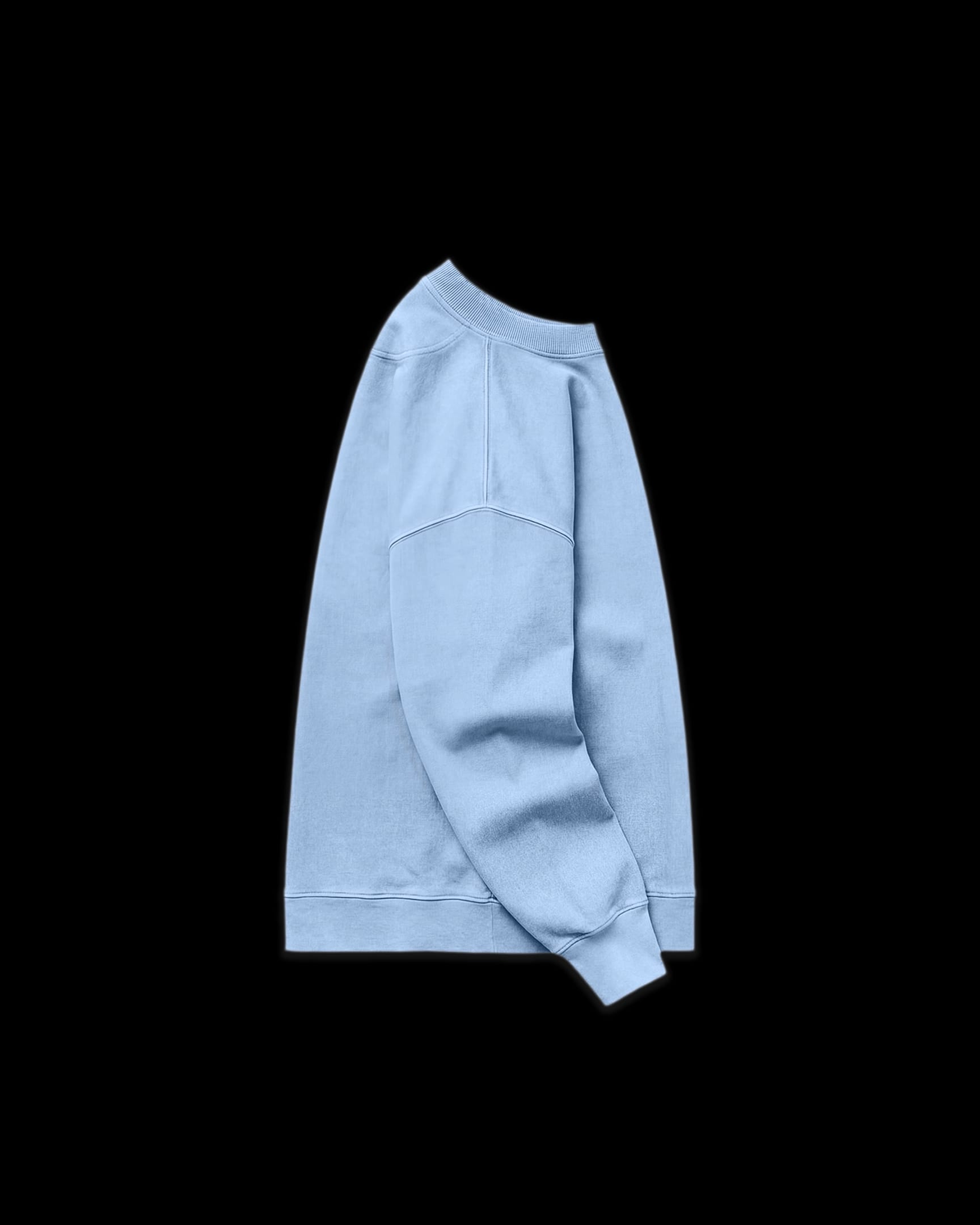 Sky Blue Lightweight Sweatshirt, right arm view, showing ribbed collar, shoulder seam, and cuff.