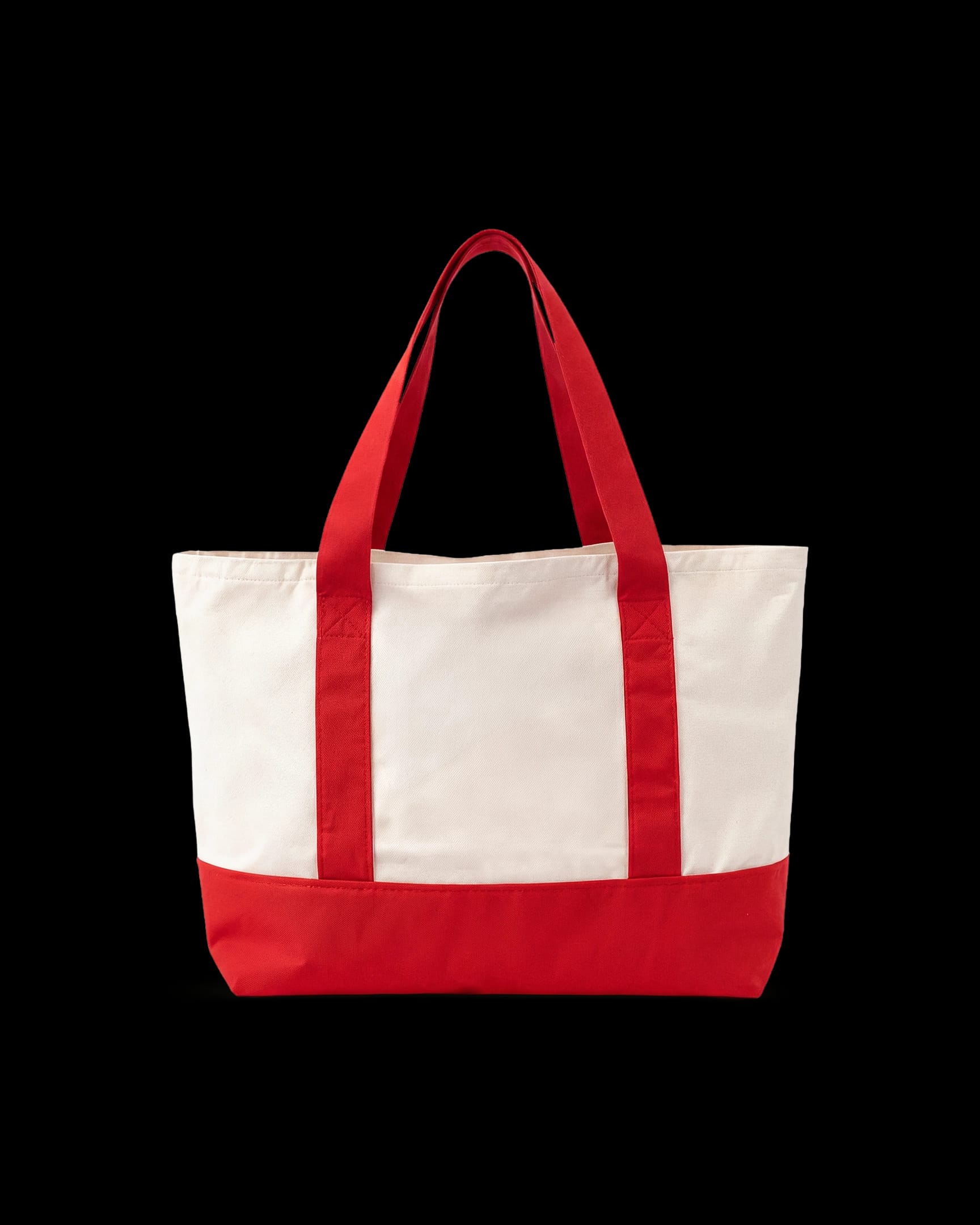 Back view of Dual Color Shopper Tote (Red) with cream canvas body, red canvas bottom, and red handles.